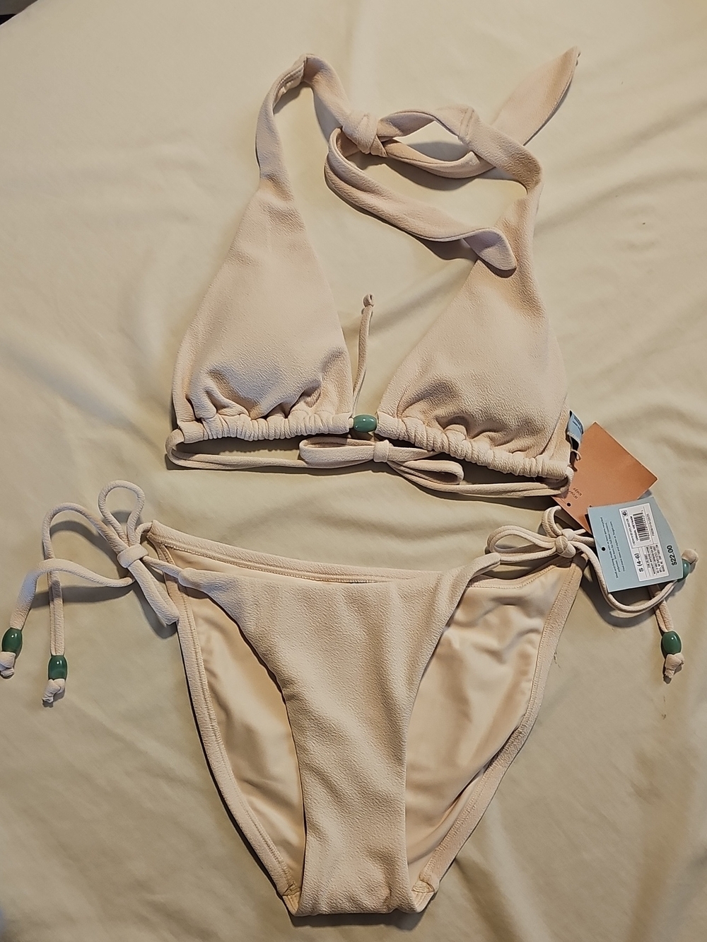 Shade & Shore Women's S Crepe Cream Tie-Side Bikini Set with Green Bead Accents